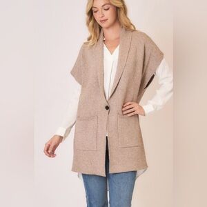 Beige Plus Open Front Vest with Pockets